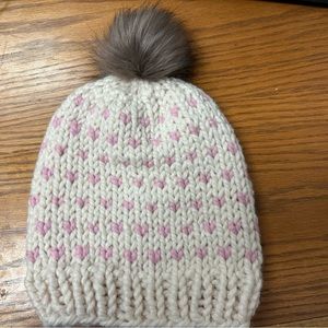 Knitted adult heart hat with faux fur Pom Pom